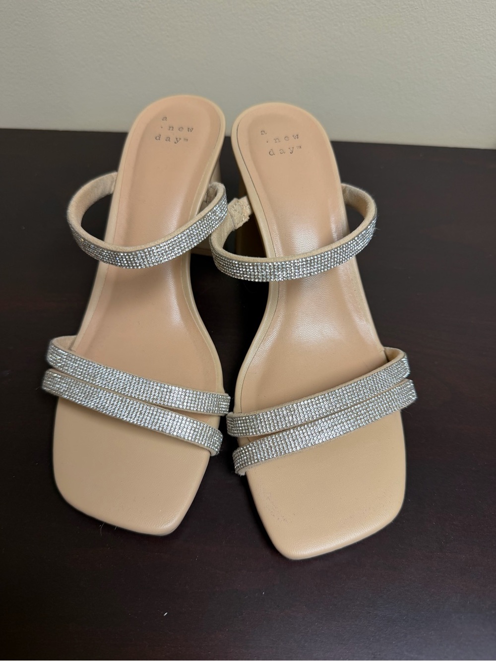 a new day Nude Rhinestone Triple-Strap Slide Heels